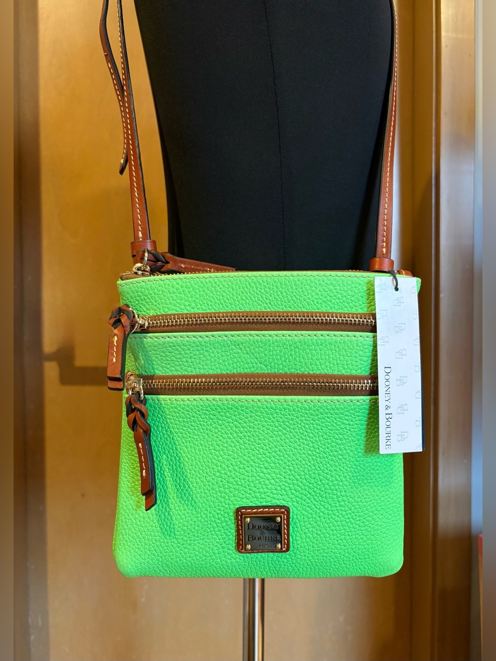 Dooney & Bourke Bright Green Leather Crossbody with Tan Trim